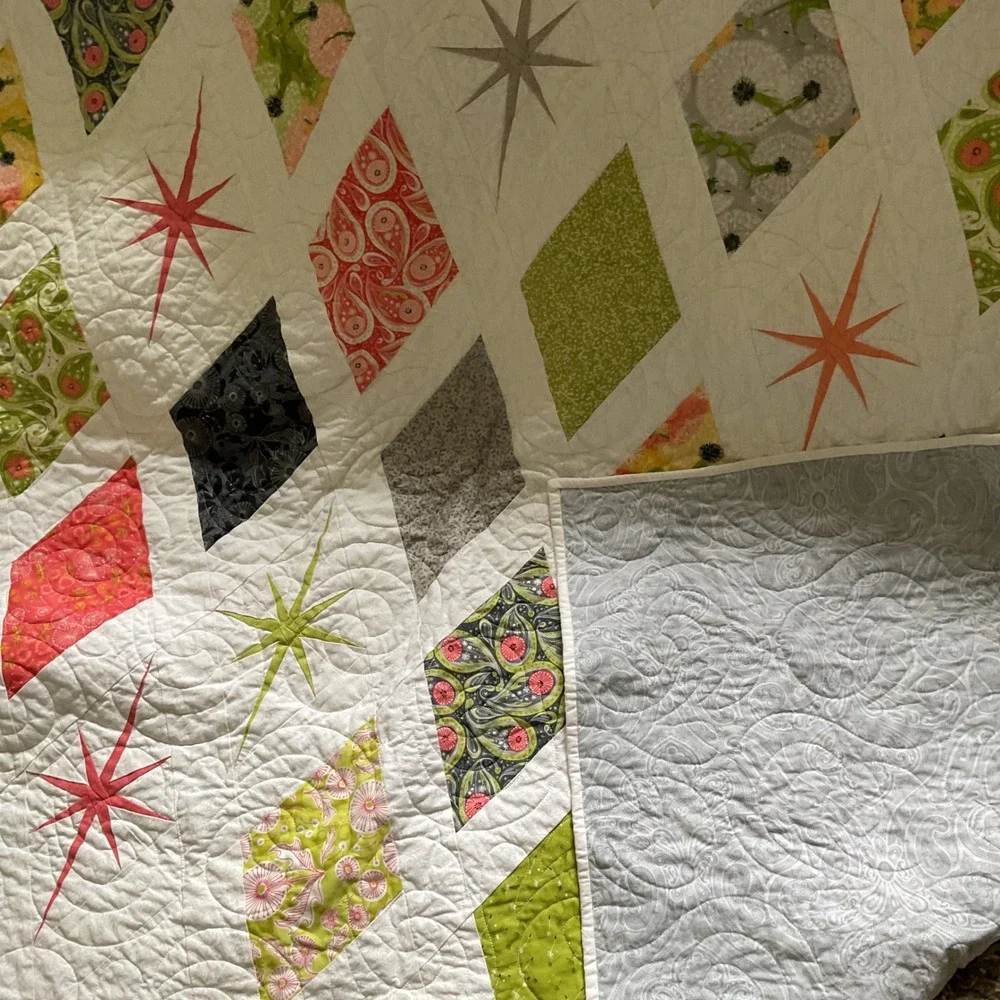 Handmade Mid Century Modern Atomic Starburst Diamond Quilt White Multi Color